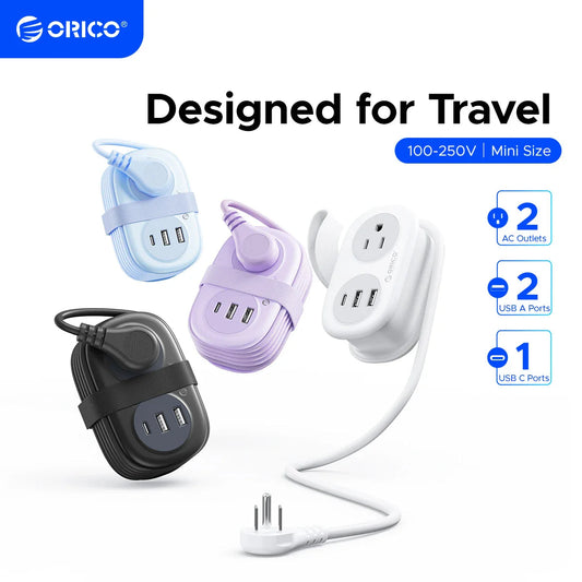 Portable ORICO electrical power strip with 2 AC outlets, 2 USB-A ports, and 1 USB-C port for travel use