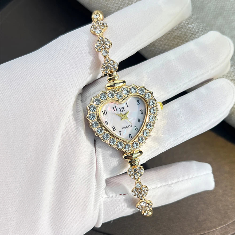 New Fashion Heart-shaped Ribbon-Strap Diamond-Studded Flower Watch for Women with Adjustable Bracelet Good Vibrations