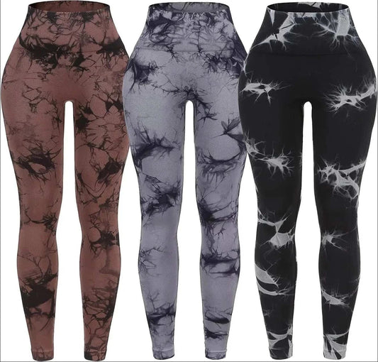 Set of seamless high waist tie dye women yoga pants in brown, grey, and black with push-up effect and ankle-length design