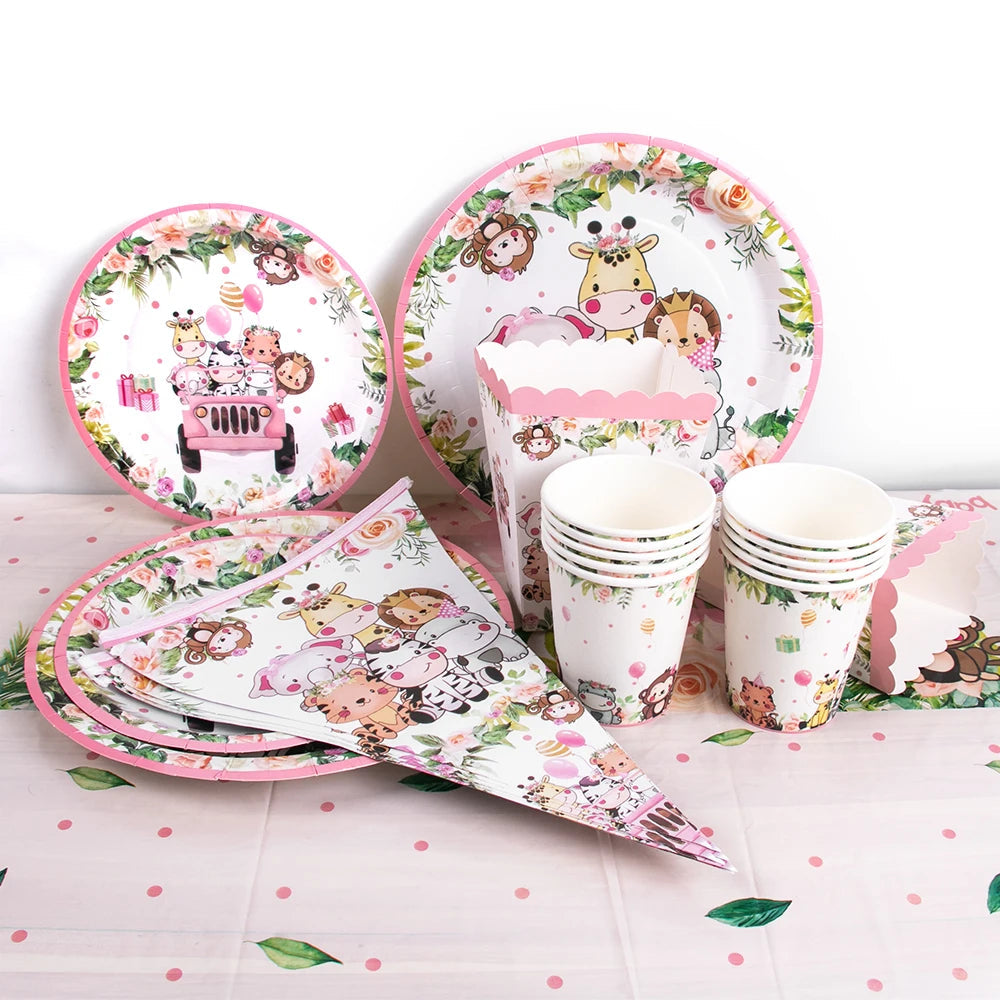 Pink Jungle Safari Birthday Decorations Animal Disposable Tableware Forest Woodland Baby Shower for Girl Birthday Party Supplies Good Vibrations