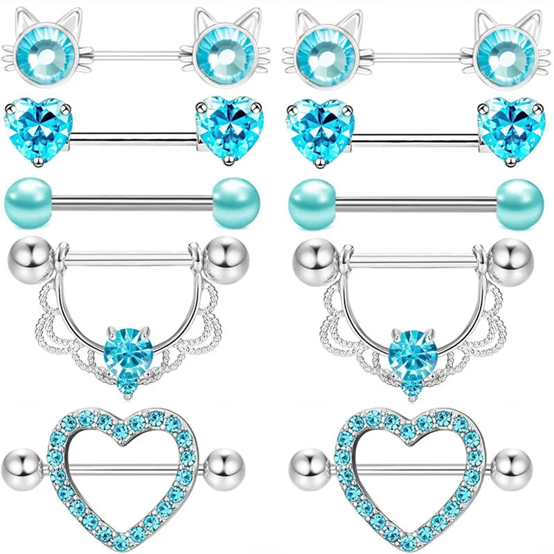 Stainless Steel Pink Bunny Nipple Piercing Jewelry Set 14G Green Bat Nipple Rings Bulk Cat Nipple Barbell Pack Piercing Pezon