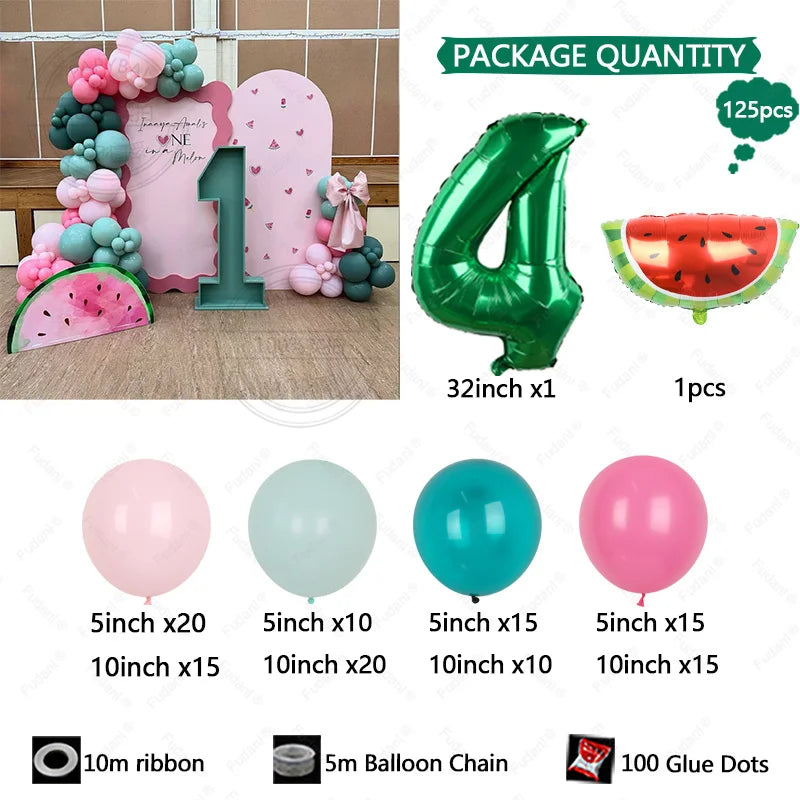 125pcs Summer Fruit Themed Party Decoration Green Number Birthday Balloon Set Red Watermelon Balloon Birthday Photo Background Good Vibrations