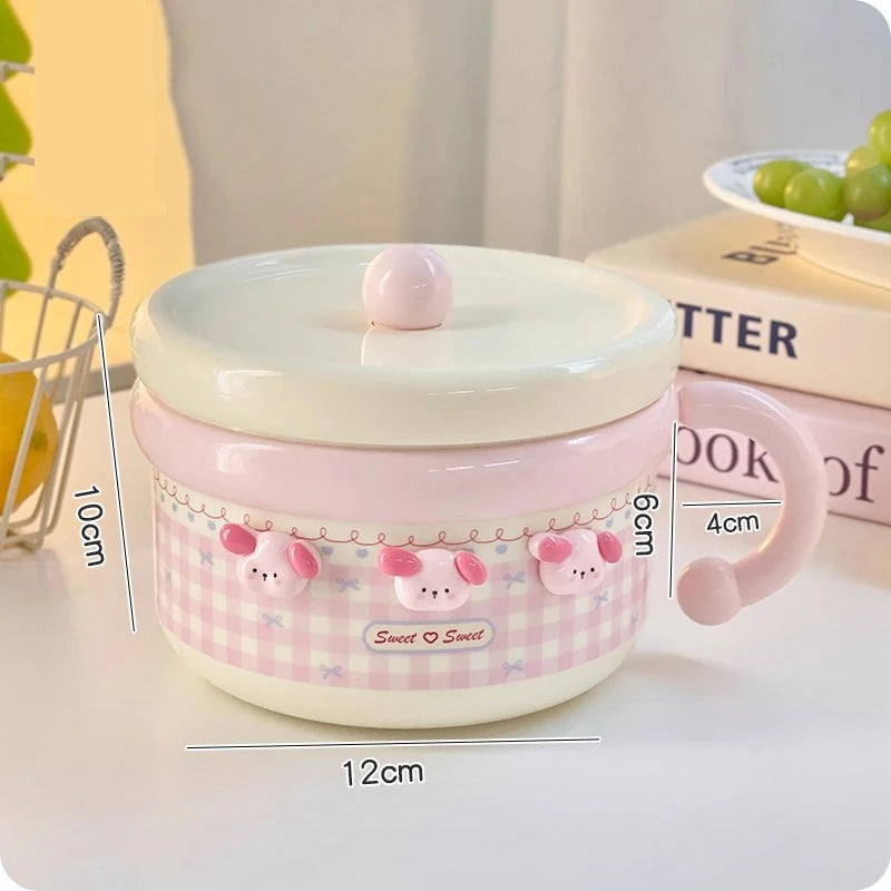 Cute Stainless Steel Ramen Bowl With Lid Kawaii Large Instant Noodles Fruit Salad Rice Soup Bowl Kitchen Tableware Women Gift Good Vibrations