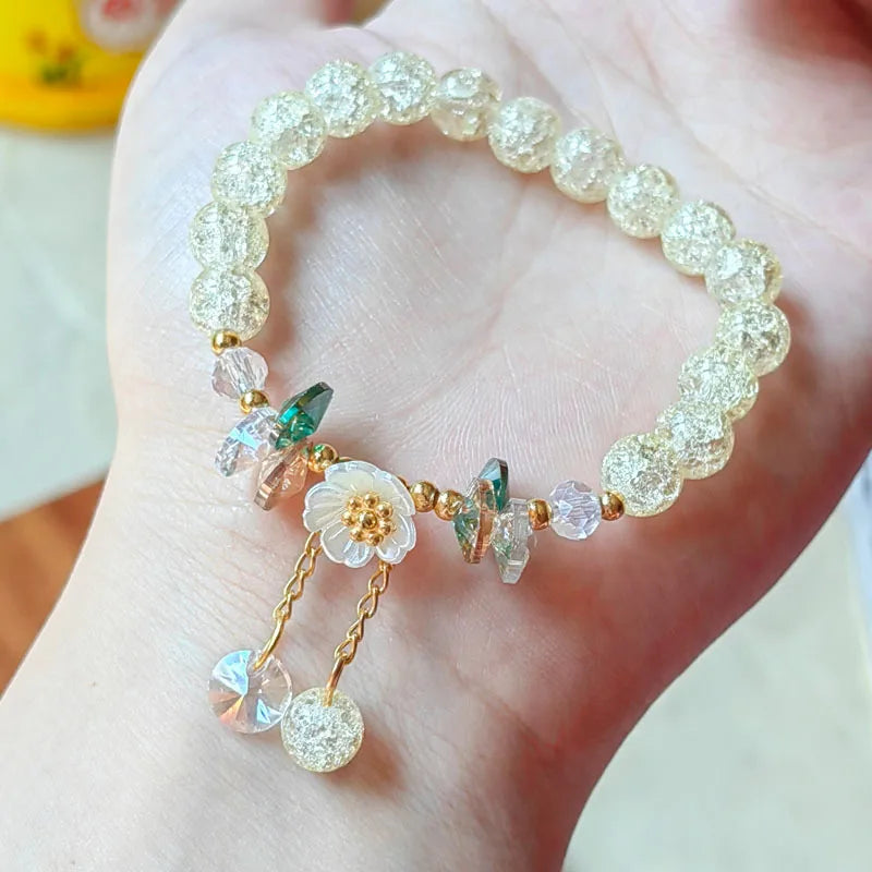 Korean New Sweet Daisy Flower Bracelet For Women Colorful Crystal Beaded Elastic Rope Bracelets Girl Party Wedding Jewelry Gifts Good Vibrations