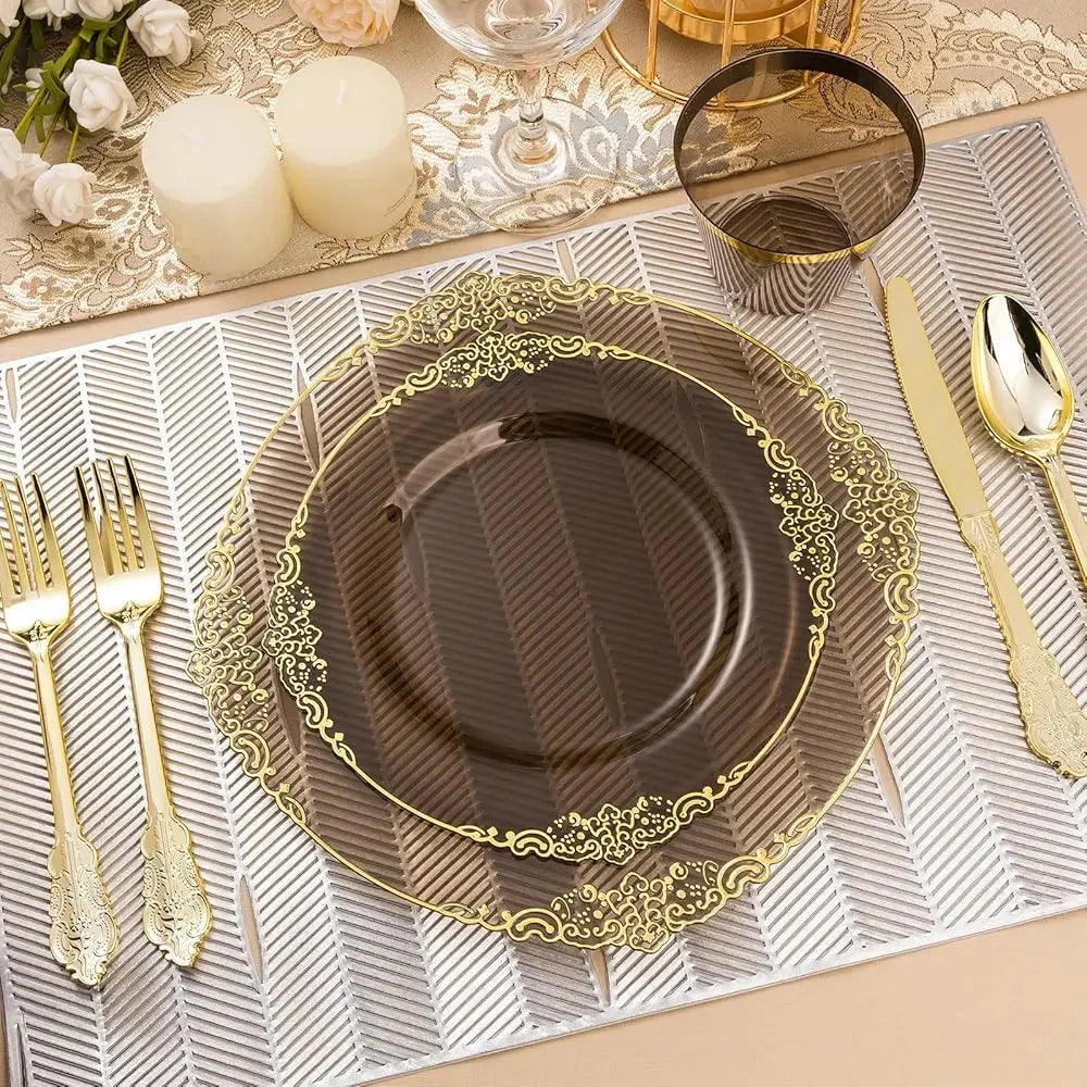 350Pcs Clear Bla Plastic Plates For 50 Guests, Disposable Plates With Gold Trim Lude 50 Dinner And Dessert Plates, 150 Gold Good Vibrations