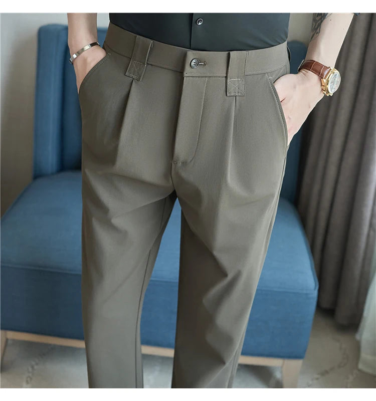 Men Straight Leg Suit Pants Summer Ice Silk Lightweight Elastic Waist Casual Loose Wide-leg Trousers Dress Pants Men Clothing