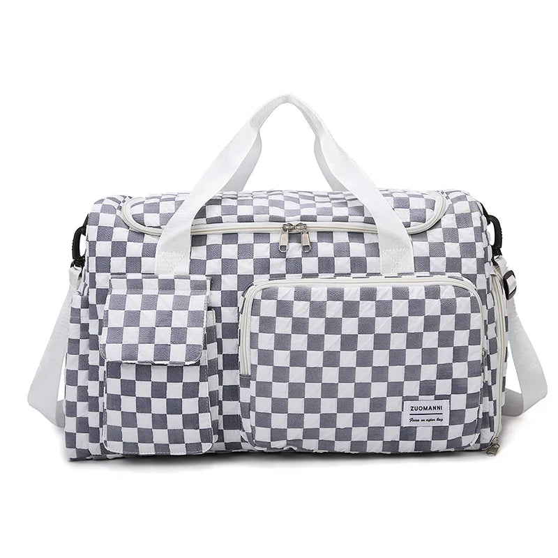 Fashion Large Capacity Checkerboard Pattern Duffle Handbag, Lightweight Travel Luggage Storage Bag, Portable Sports Fitness Bag Good Vibrations