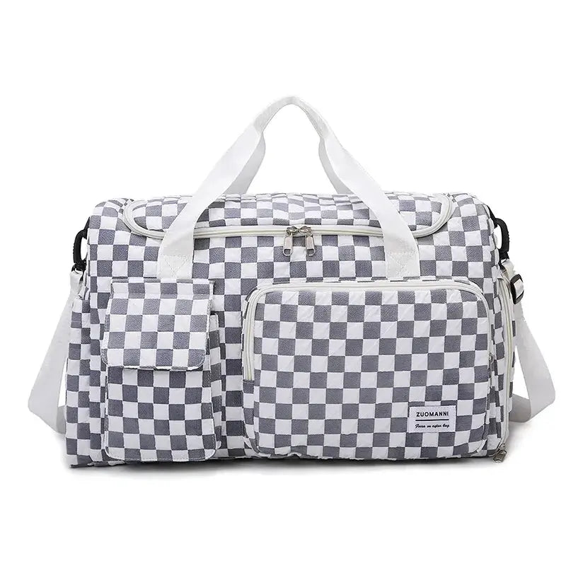 Fashion Large Capacity Checkerboard Pattern Duffle Handbag, Lightweight Travel Luggage Storage Bag, Portable Sports Fitness Bag Good Vibrations