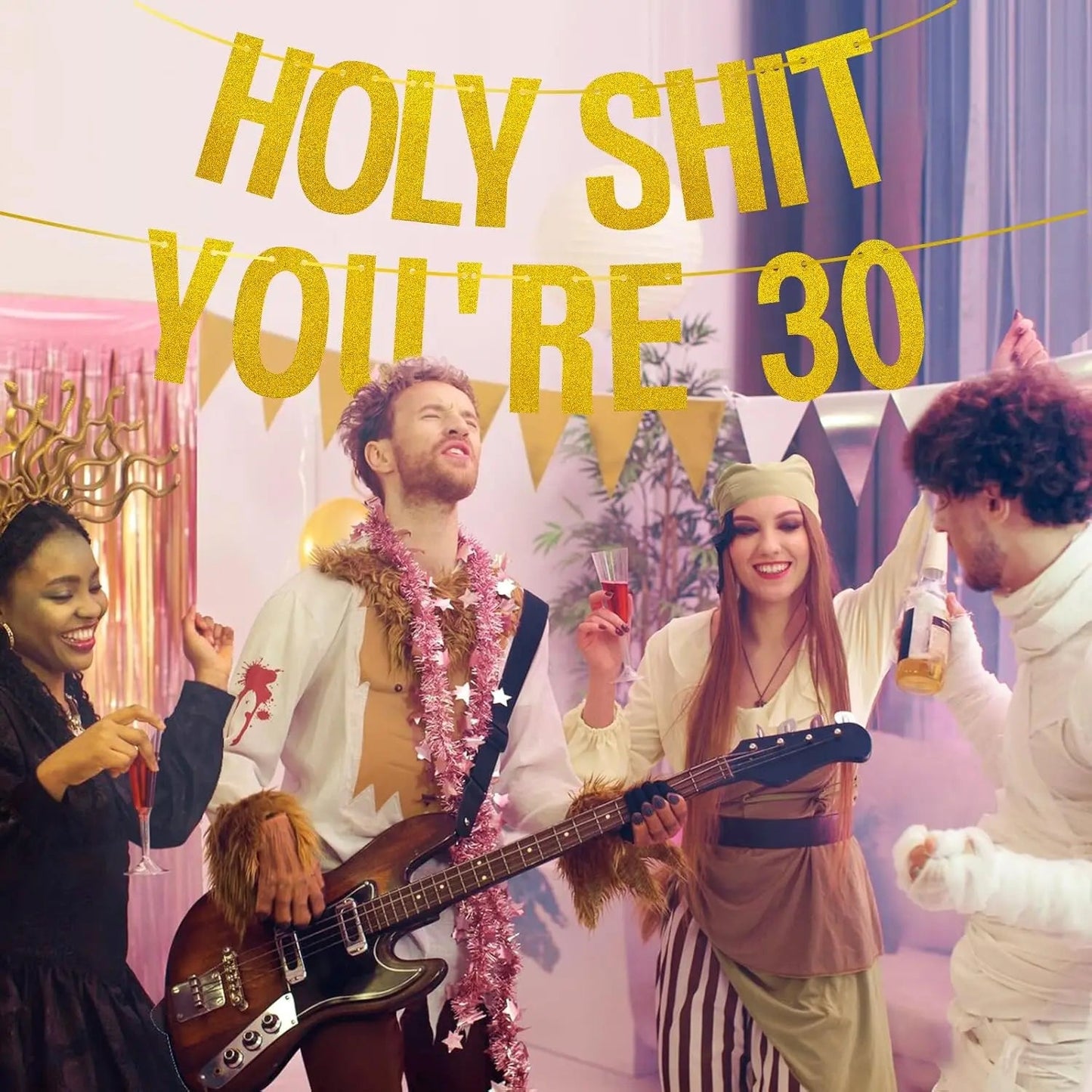 Gold Glitter Holy Shit You're 30 Birthday Banner Party Decor,Funny 30th Birthday Party Decorations Supplies,30th  Photo Props Good Vibrations