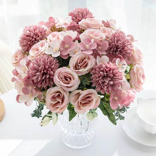 1PC Artificial Flowers Silk Rose Peony Bouquet Hydrangea Carnation Vases for Home Party Winter Wedding Decoration Fake Plant Good Vibrations