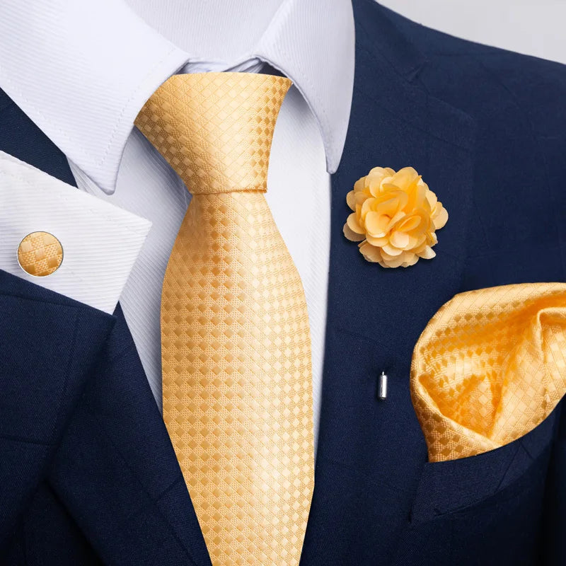 Luxury Mens Ties Floral Black Gold Ties Paisley NeckTie Pocket Square Cufflinks Brooch Set Men's Wedding Party Tie Good Vibrations