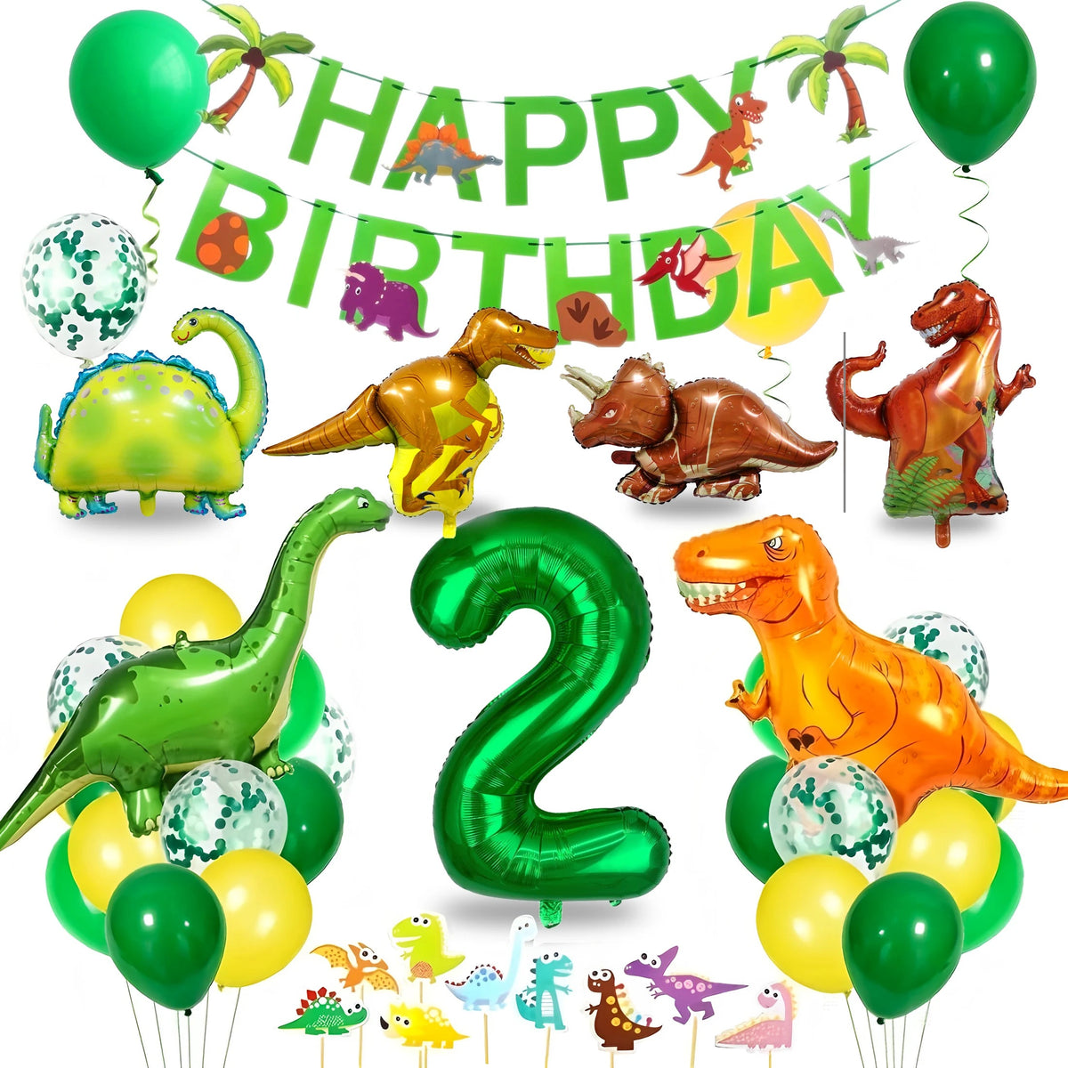 Dinosaur Birthday Party Supplies for Kids Age 2-6, Foil Balloons Set with Banner, Cake Topper, Decorations Kit (Boys & Girls) Good Vibrations