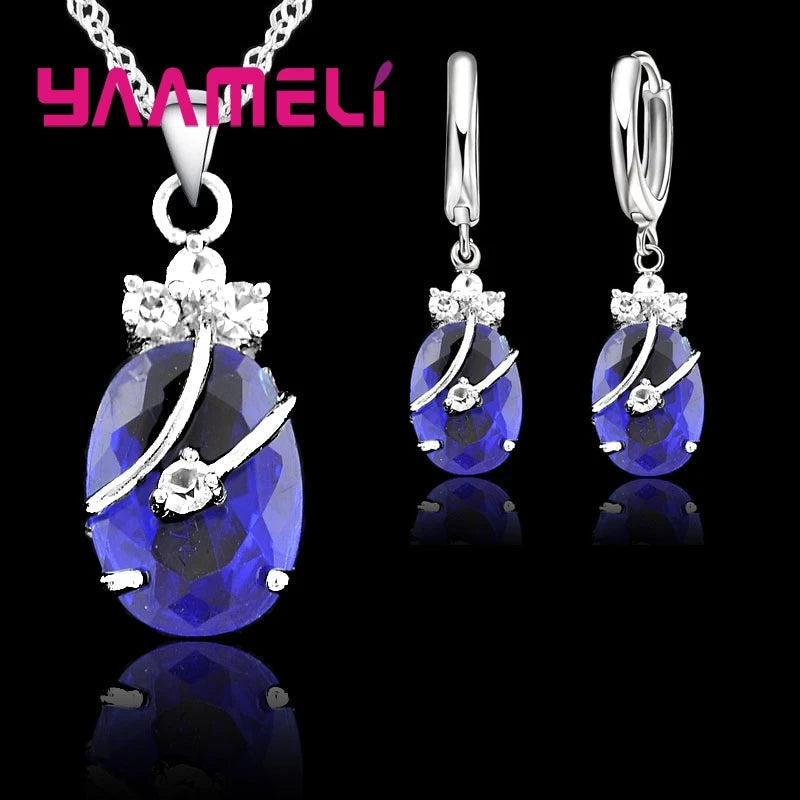 New Fashion Vintage Jewelry Sets For Women 925 Sterling Silver Crystal Stone Pendant Charms Wedding Necklace Hoop Earrings Good Vibrations Adult Super Store
