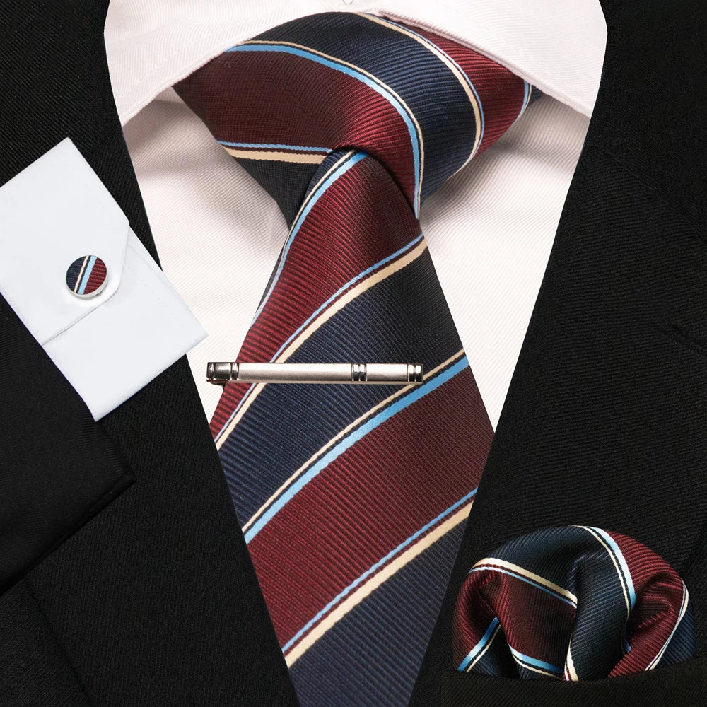8cm Silk Mens Ties Green Black Ties plaid stripe NeckTie Pocket Square Cufflinks Tie clips Set Men's Wedding business Party Tie Good Vibrations