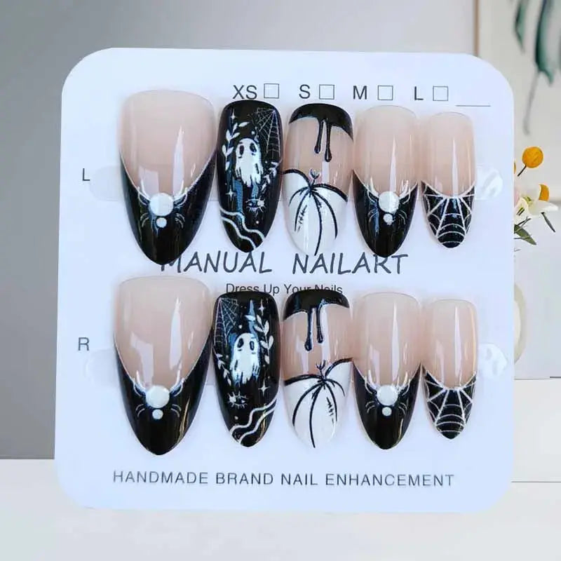 10Pcs Halloween Short Almond Shape Atmosphere Clown Black and White Ghost Spider Press on Nails Nail Patch False Nails Nails Art Good Vibrations