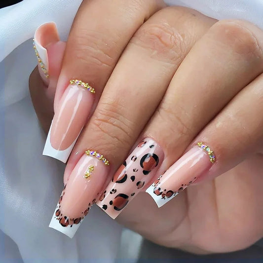 24Pcs Long Square Press on Nails Leopard Print French 3D Cherry Design False Nail Rhinestone Wearable Full Cover Fake Nails Tips Good Vibrations