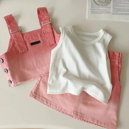 Children's Clothing Sets Denim Halter + Sleeveless T-shirt + Skirt 3pcs Girl Clothes Kids Boutique Clothes for 2 To 7 Years Good Vibrations