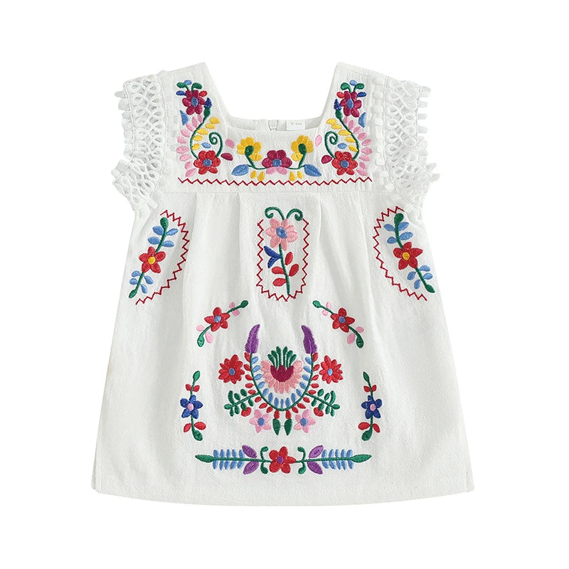 Toddler Girls Summer Dress Casual Floral Embroidery Square Neck Sleeveless Dress Baby Girls Princess Beach Party Dress Clothes Good Vibrations