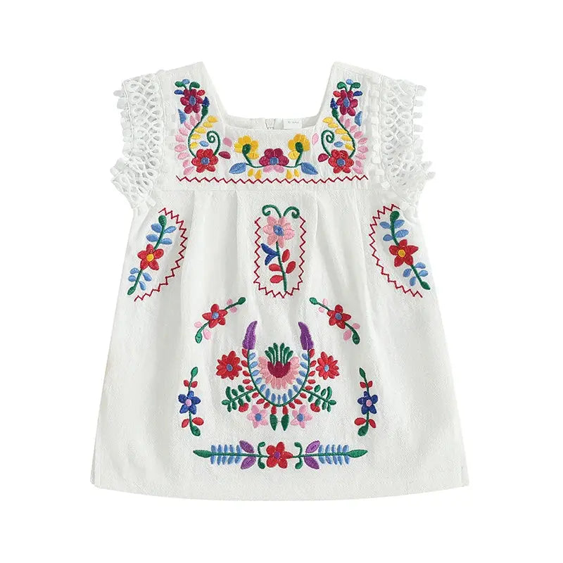 Toddler Girls Summer Dress Casual Floral Embroidery Square Neck Sleeveless Dress Baby Girls Princess Beach Party Dress Clothes Good Vibrations
