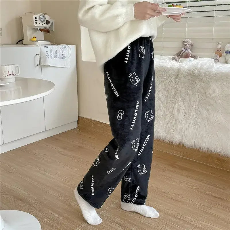 Sanrio Cartoon Hello Kitty Flannel Pajamas Black Women's Warm Woolen Cartoon Casual Home Pants In Autumn Winter Fashion Trousers Good Vibrations