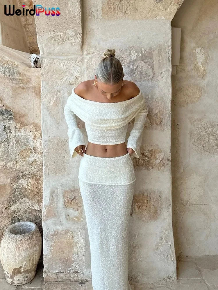 Weird Puss Elegant 2 Piece Set Women Chic Hairball Lapel Slash Neck Crop Top+Maxi Skirts Matching Autumn Trend Streetwear Suits Good Vibrations Adult Super Store