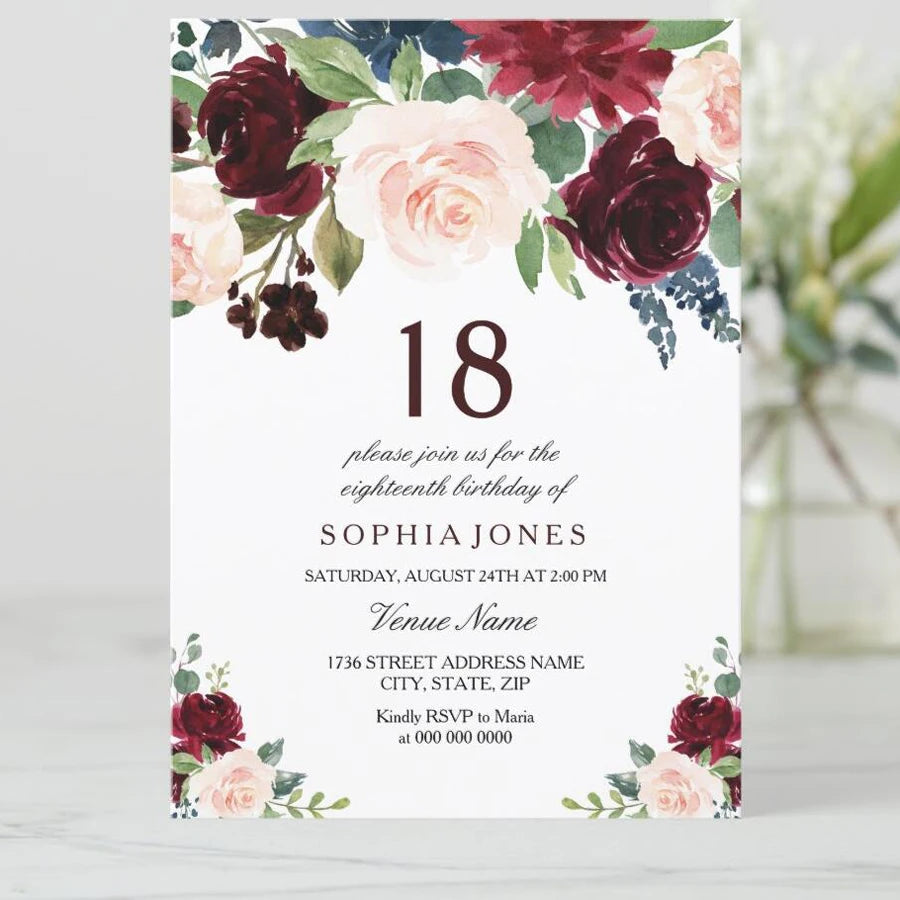 5/20/100pcs 18th birthday invitations, Watercolor Blue Floral birthday invitations 18, Sunflower Birthday Invitation Good Vibrations