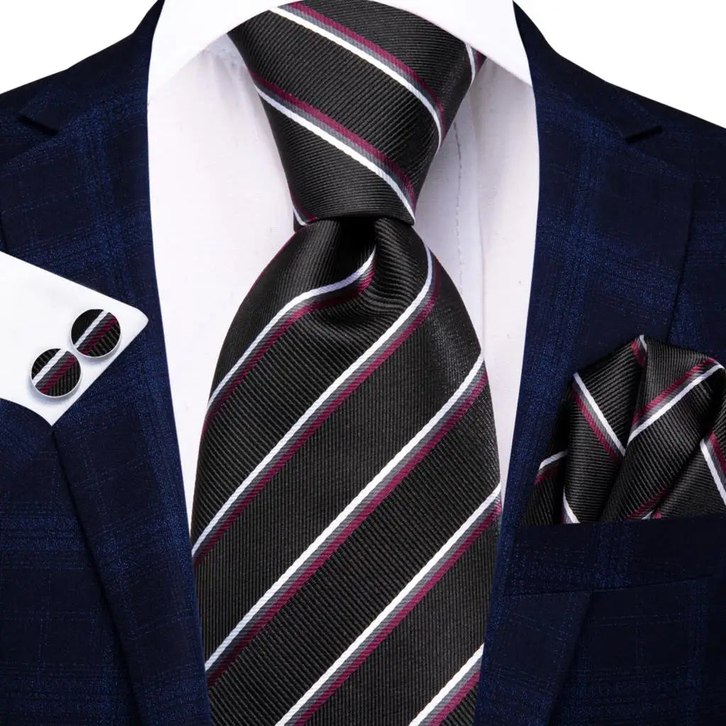 Black Red Striped Silk Wedding Tie For Men Handky Cufflink Gift Men Necktie Fashion Business Party Dropshiping Hi-Tie Designer Good Vibrations