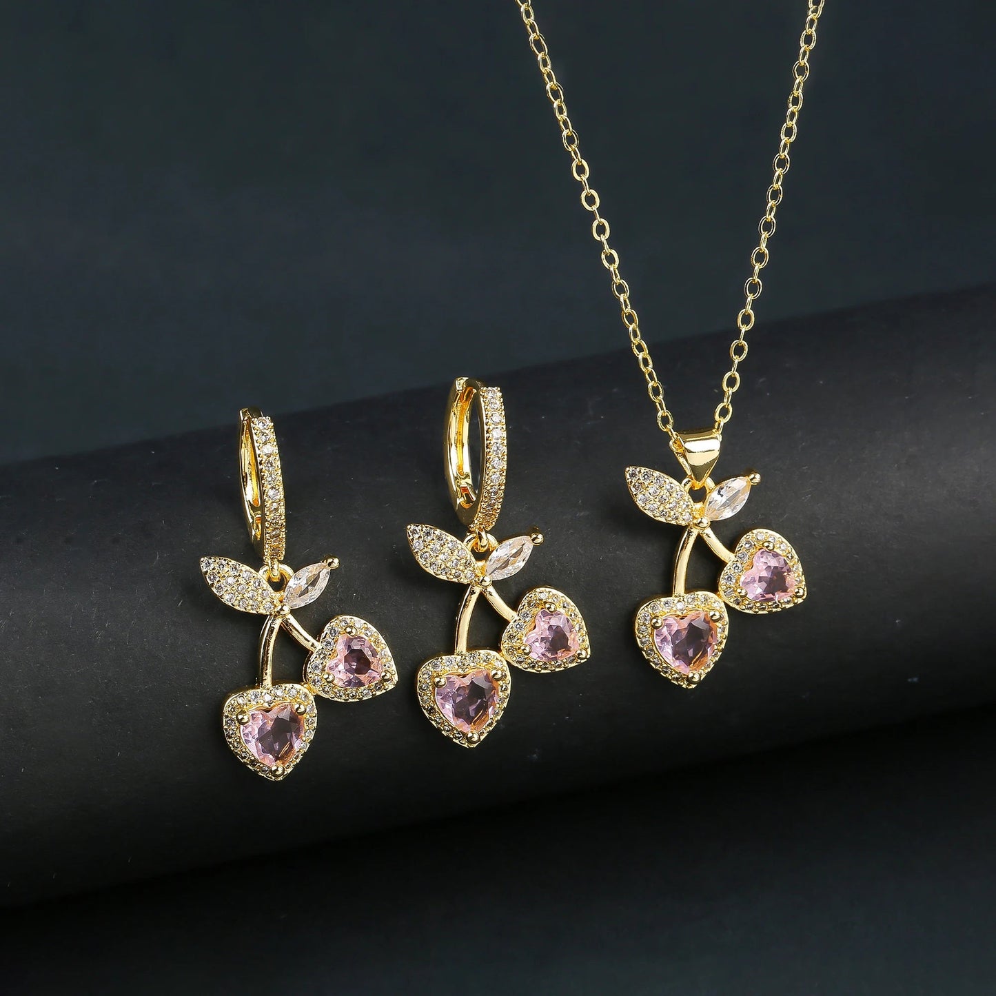 Light Luxury Crystal Zirconia Red Cherry Jewelry Set Earrings Necklace for Women Girls Sweet Jewelry Accessories Party Gifts Good Vibrations Adult Super Store
