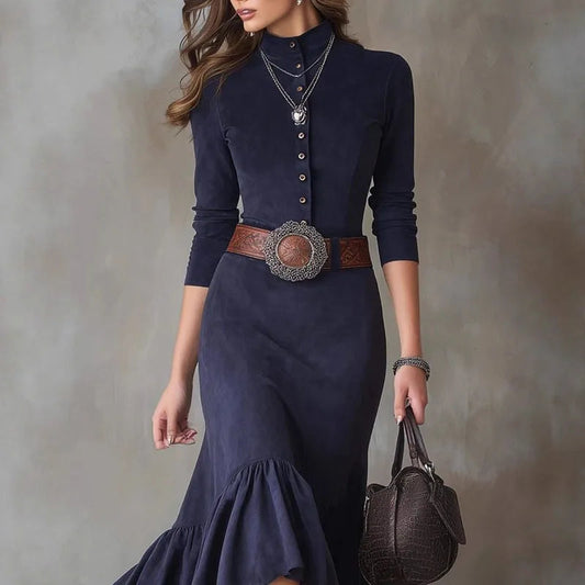 Vintage Western Style Dress Button Temperament High Neck Suede Slim Fit Irregular Hem Long Skirt with Belt Good Vibrations