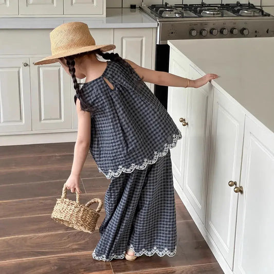 Girls' Summer Outfit New Kids Temperament Plaid Lace Vest+Wide Leg Pants Two-piece Set Trendy Children's Clothing Sets Good Vibrations