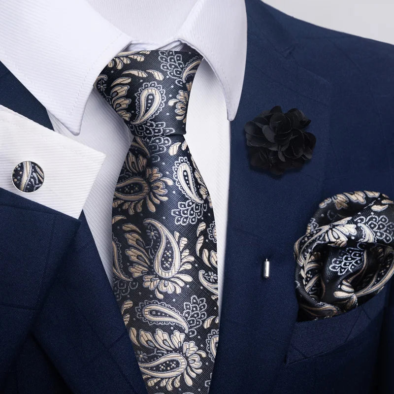 Luxury Mens Ties Floral Black Gold Ties Paisley NeckTie Pocket Square Cufflinks Brooch Set Men's Wedding Party Tie Good Vibrations