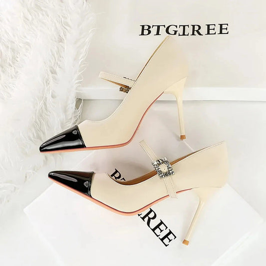 Women 9.5cm High Heels Lady Fashionable Rhinestone Pumps Female Pointed Toe Stiletto Heel Silk Comfortable Evening Shoes Good Vibrations