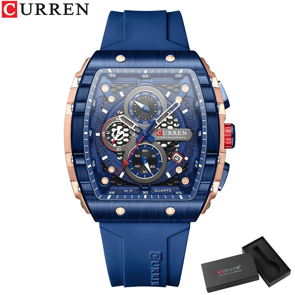 CURREN Sports Unique Rectangular Watches with Large Dial Casual Quartz Silicone Bands Wristwatches with Auto Date Good Vibrations
