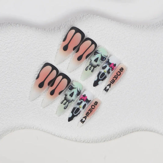 24pcs Long Sharp Halloween Series Horror Ghost Matte Fake Nails Horror Theme Fingernails for Halloween Party Good Vibrations