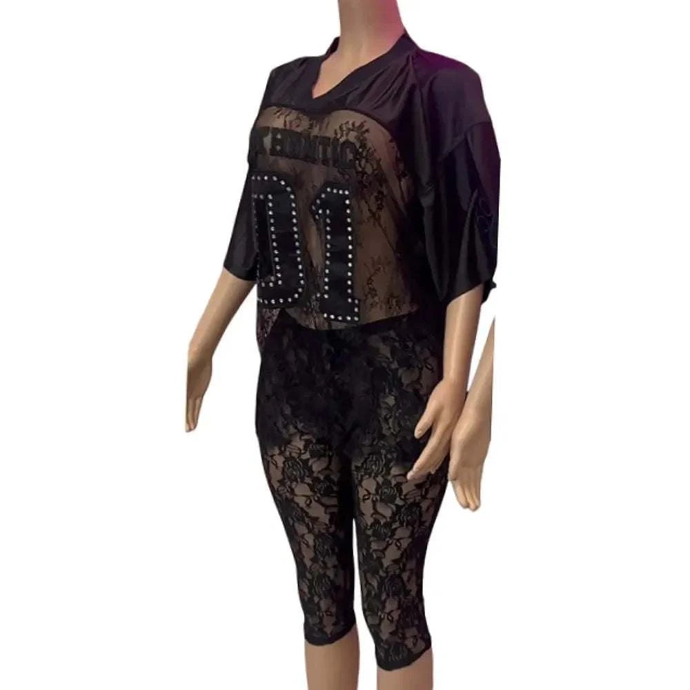 HLJ&GG Fashion Lace See Though Patchwork Two Piece Sets Women V Neck Short Sleeve Loose Top+Skinny Shorts Outfits Sexy Clubwear GOOD Vibrations