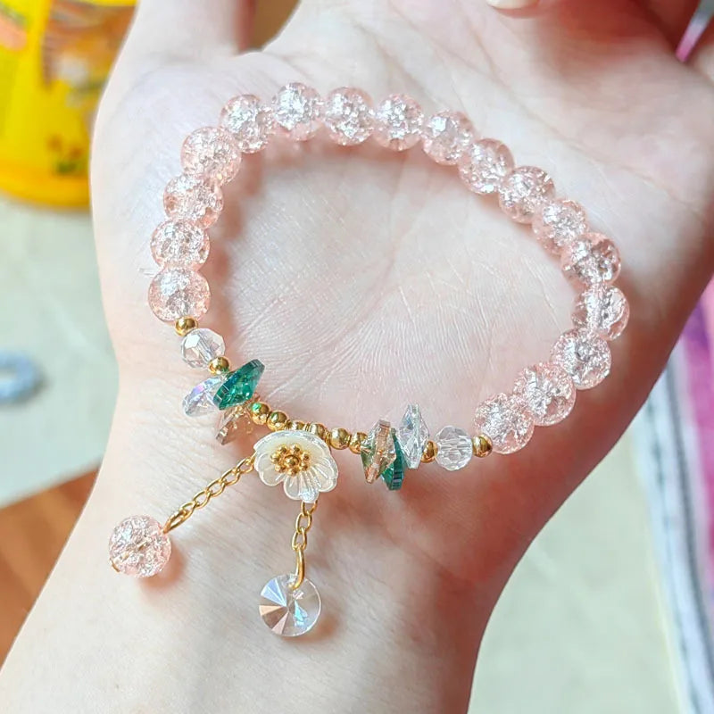 Korean New Sweet Daisy Flower Bracelet For Women Colorful Crystal Beaded Elastic Rope Bracelets Girl Party Wedding Jewelry Gifts Good Vibrations