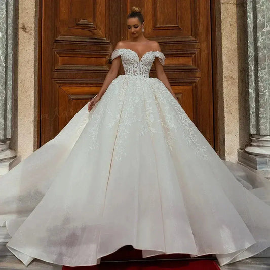 Customized Luxury Off Shoulder Wedding Dresses for Women Chic Court Train Bridal Gown Princess Plus Size Vestido De Novia 2025 Good Vibrations