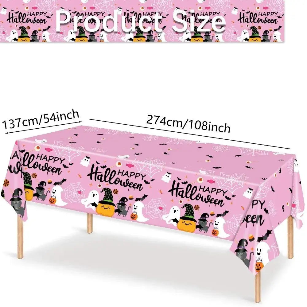 Pumpkin Ghost Pattern Halloween Tablecloth Halloween Theme Plastic Disposable Table Cover Pink Table Runner Table Decoration Good Vibrations