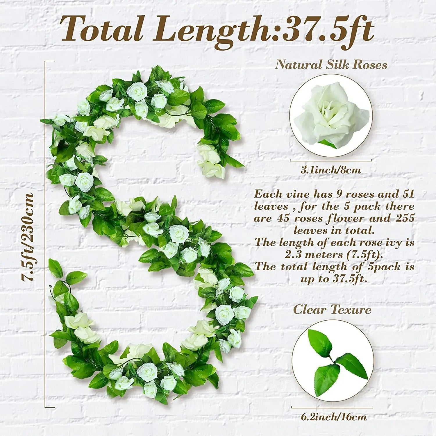 Artificial White Flower Garlands, Rose Vines, Fall Decor, Faux Floral, Wall Hanging Plants, Wedding, Home Party, 5 Pack, 37.5 ft Good Vibrations