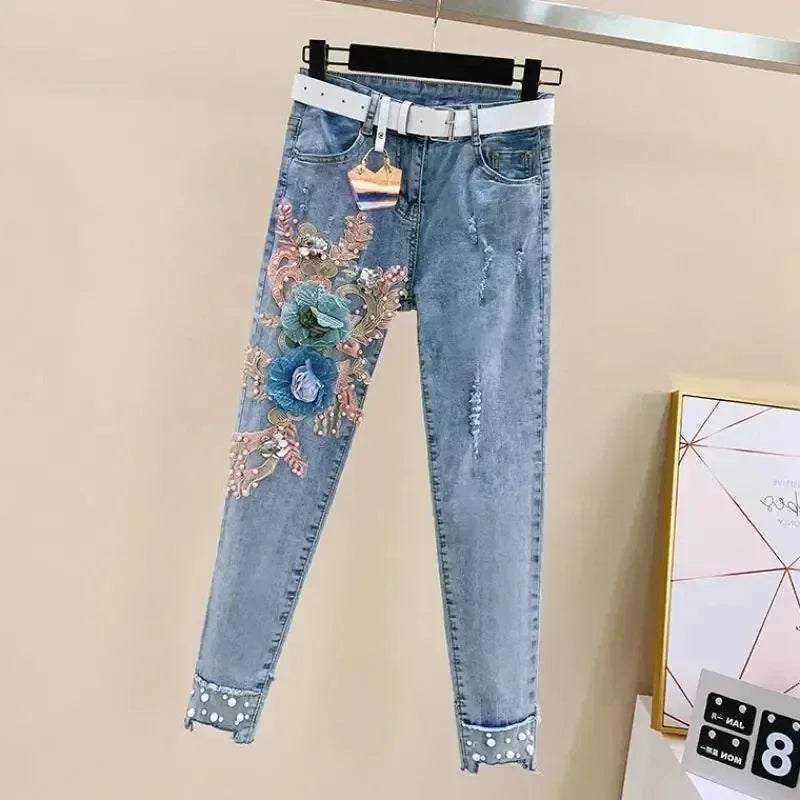 Two-Piece Suit 2025 Summer New Women Denim Pants Beading Embroidery Tshirt Tops+ High Waist Hole Jeans Female Casual Outfits Good Vibrations