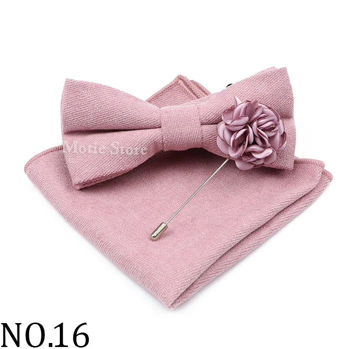 Mens Solid Color Cotton Bowtie Pocket Square Brooch Sets Pink Blue Super Soft Suede Bow Tie Handkerchief For Wedding Party Gift Good Vibrations