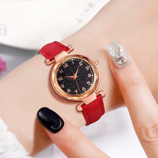6PCS/Set Red Women's Watch With Minimalist Elements Dial Quartz Watch Latex Strap Cherry Elements Jewelry Set Girl's Gift Good Vibrations Adult Super Store