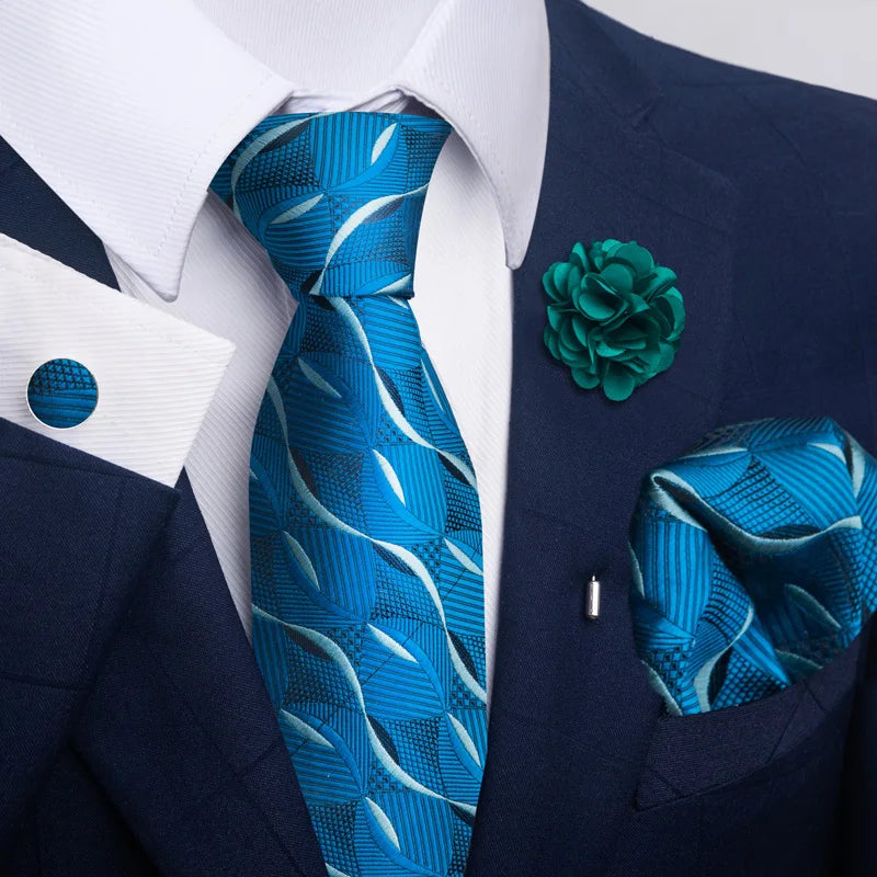Luxury Mens Ties Floral Black Gold Ties Paisley NeckTie Pocket Square Cufflinks Brooch Set Men's Wedding Party Tie Good Vibrations