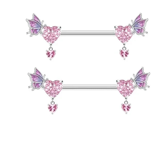Pink Devil Nipple Piercing Jewelry Set Heart Crystal Nipple Rings Bulk Shiny Butterfly Nipple Barbell Dangle Lot Piercing Pezon