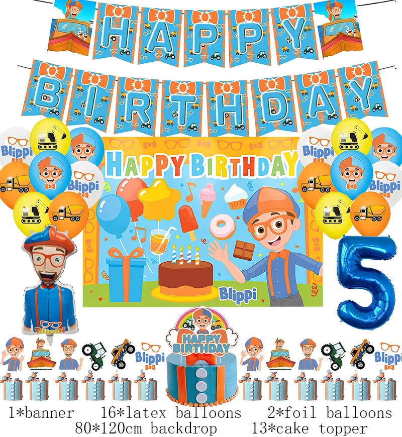 New Blippiing Birthday Party Decoration Foil Balloon Backdrop Banner Cake Topper Baby Birthday Party Supplies Good Vibrations