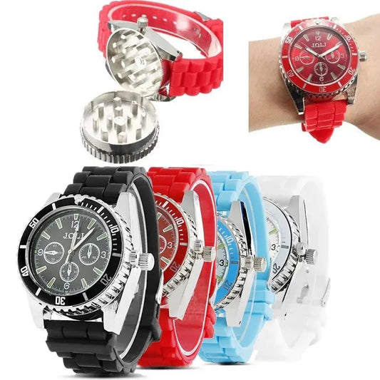Portable watch style herb spice grinder with colorful wristbands, 42mm diameter for travel use.