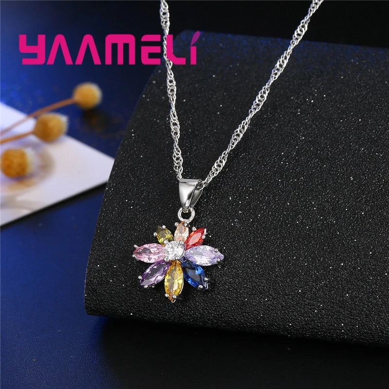 Charm 925 Sterling Silver Multicolor Flower Cubic Zircon Necklace Drop Earrings Set For Women Girls Wedding Party Jewelry Gifts Good Vibrations