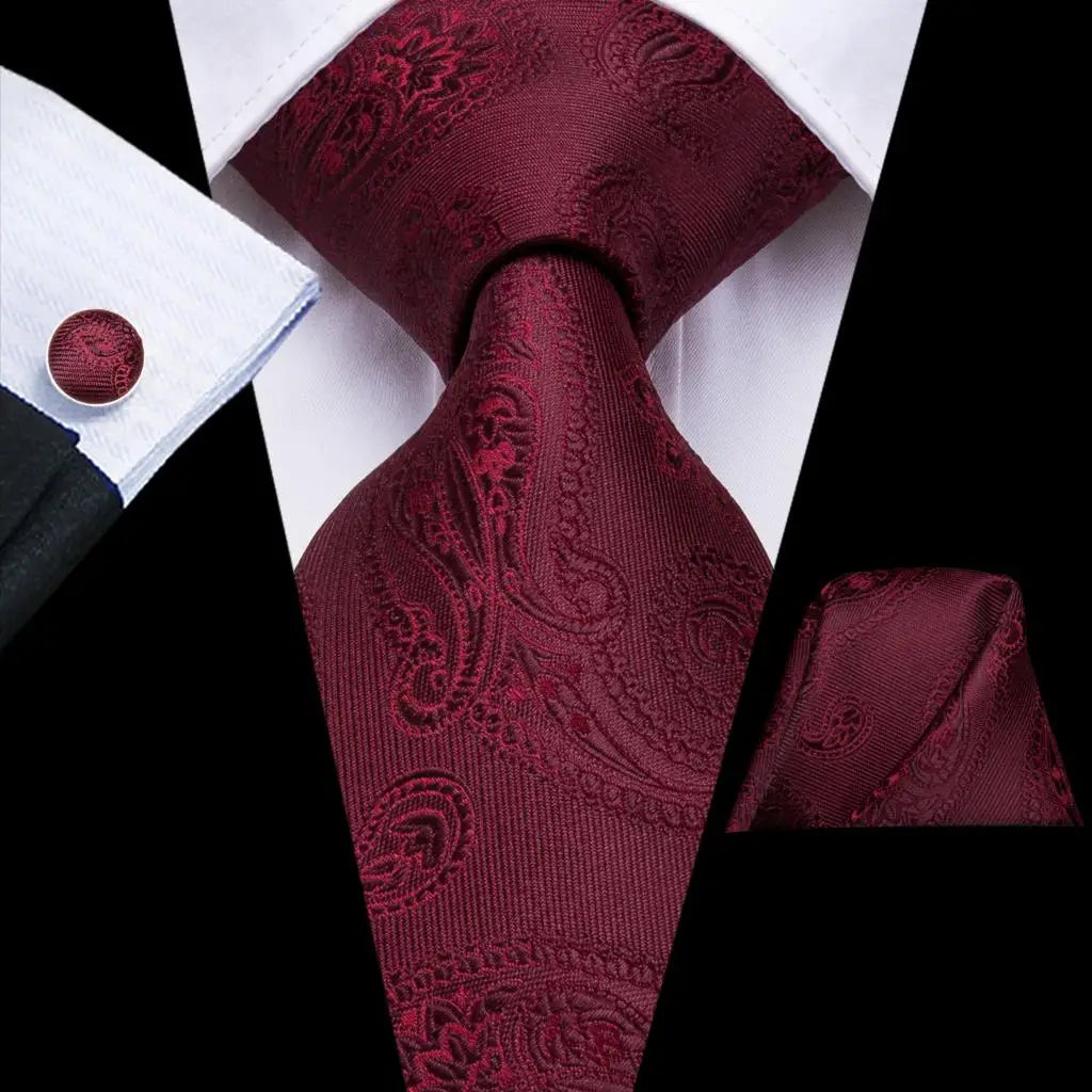Hi-Tie Designer Red Burgundy Plaid Silk Wedding Tie For Men Handky Cufflink Gift Mens Necktie Fashion Business Party Dropshiping Good Vibrations