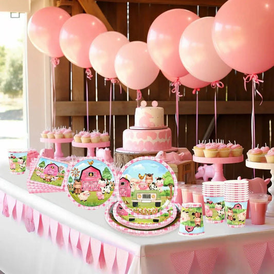 Pink Farm Party Birthday Decorations Disposable Tableware Paper Plates Cups Napkin Baby Shower Kids Girls Birthday Party Decor Good Vibrations