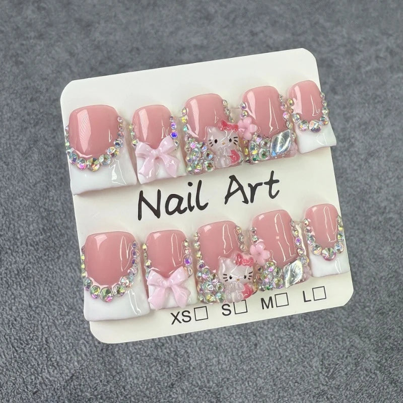 10Pcs Sweet Short Press on nails Bow Cute KT Cat Design Duck French Fake Nails Shiny Rhinestone Handmade White False Nail Tips Good Vibrations